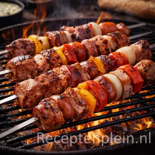 Mixed grill barbecue op een rustieke houten tafel.