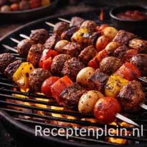Mixed grill barbecue op een rustieke houten tafel.