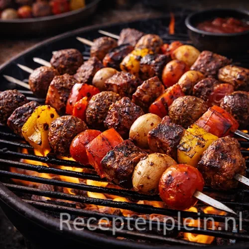 Mixed grill barbecue op een rustieke houten tafel.