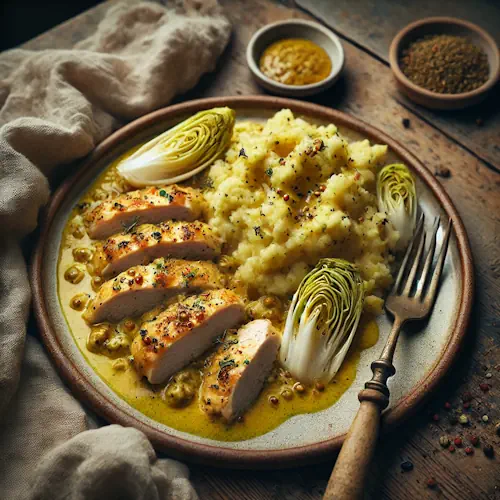 Mosterdkip met Andijviepuree op rustieke houten tafel