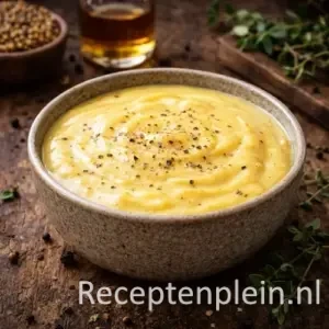 Mosterdsaus barbecue op een rustieke houten tafel.