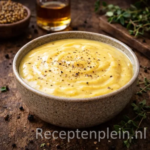 Mosterdsaus barbecue op een rustieke houten tafel.