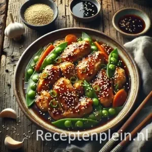 Oriëntaalse kip op een rustieke houten tafel