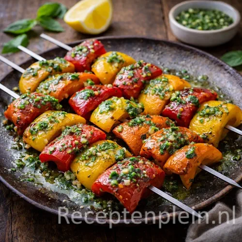 Paprika basilicum barbecue op een rustieke houten tafel.