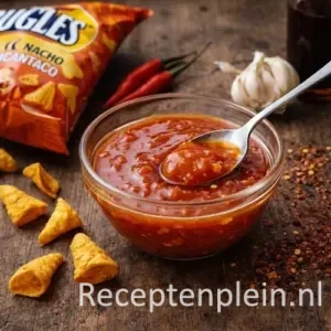 Pikante chilisaus voor de barbecue op een rustieke houten tafel.