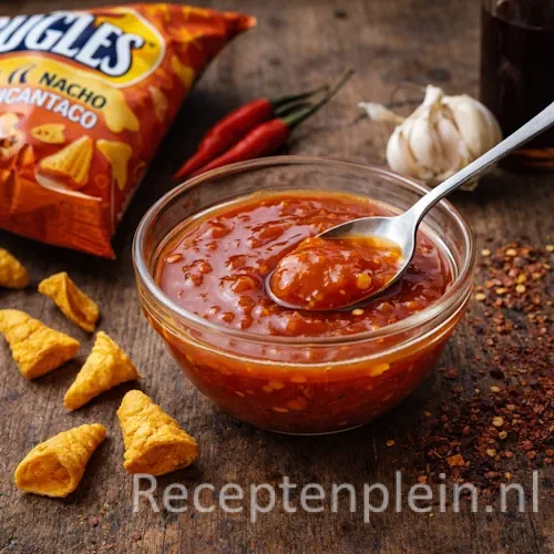 Pikante chilisaus voor de barbecue op een rustieke houten tafel.