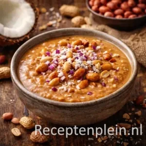Pinda kokos saus barbecue op een rustieke houten tafel.