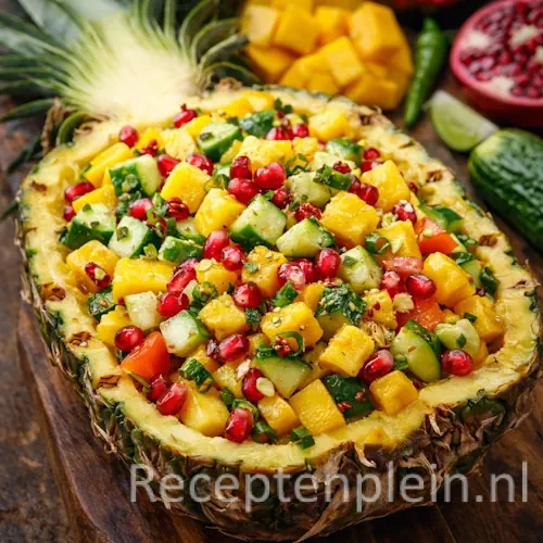 Pittige groente fruitsalade op een rustieke houten tafel.