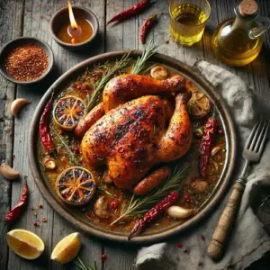 Pollo diavolo op een rustieke houten tafel