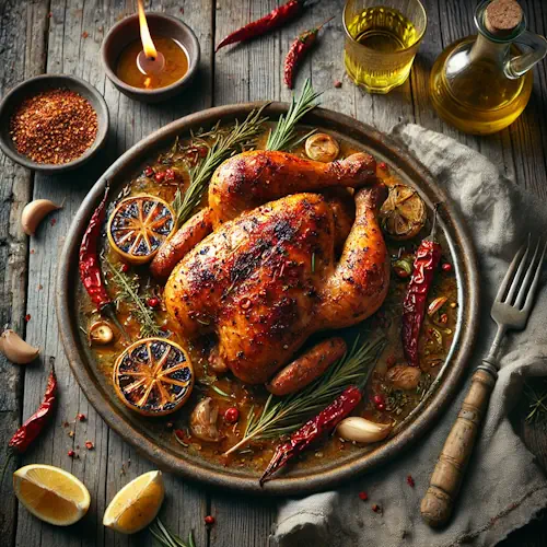 Pollo diavolo op een rustieke houten tafel
