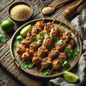 Roasted chicken-sticks met sesam en koriander