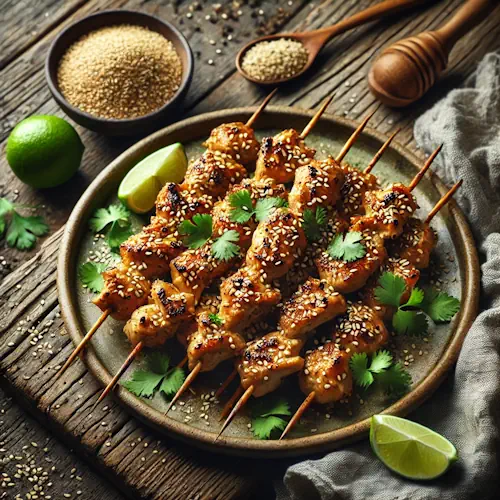 Roasted chicken-sticks met sesam en koriander