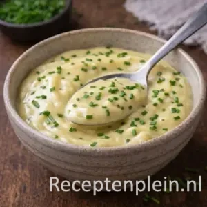Romige mosterdsaus met bieslook op een rustieke houten tafel.