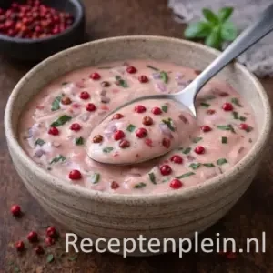 Romige Roze Pepertjessaus met Honing op een rustieke houten tafel.