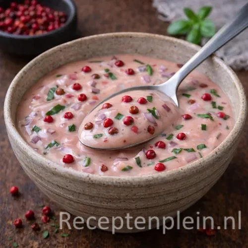 Romige Roze Pepertjessaus met Honing op een rustieke houten tafel.