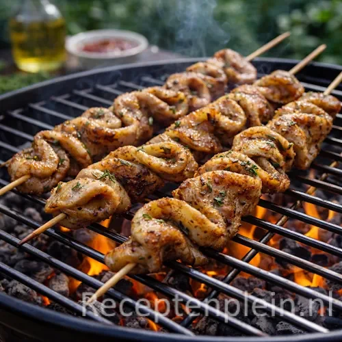 Schnitzelspies barbecue op een rustieke houten tafel.