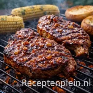 Schouderkarbonade barbecue op een rustieke houten tafel.