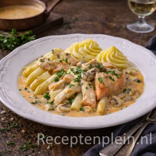 Sole et saumon princesse met asperges op rustieke houten tafel