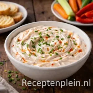 Sour cream dip op een rustieke houten tafel