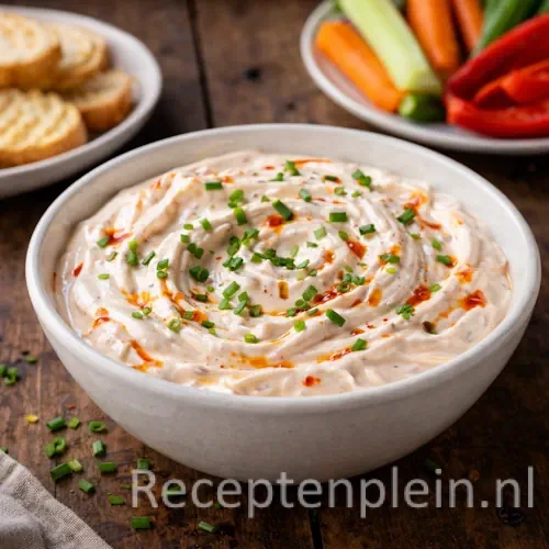 Sour cream dip op een rustieke houten tafel