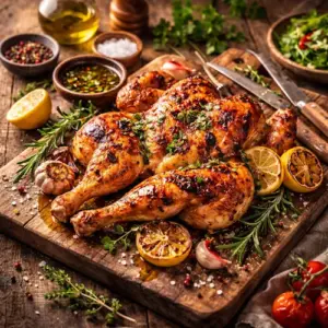 Spatchcocked chicken met kruiden en geroosterde citroen op rustieke houten tafel