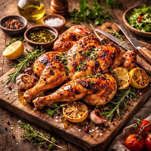 Spatchcocked chicken met kruiden en geroosterde citroen op rustieke houten tafel