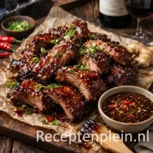Sticky BBQ krabbetjes op een rustieke houten tafel.
