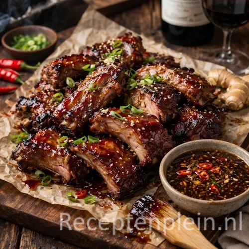 Sticky BBQ krabbetjes op een rustieke houten tafel.