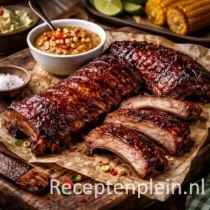 Sticky spareribs barbecue op een rustieke houten tafel