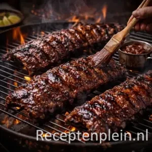 Sticky Spareribs van de Barbecue met Zoete Ketjap Glaze op een rustieke houten tafel.