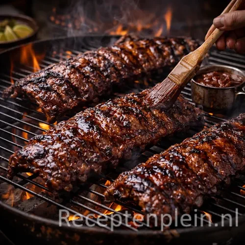 Sticky Spareribs van de Barbecue met Zoete Ketjap Glaze op een rustieke houten tafel.