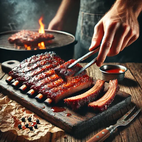 Sticky honing spareribs met glanzende marinade op rustieke houten tafel van de barbecue