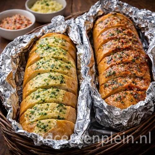 Stokbrood met Knoflookboter van de Barbecue op een rustieke houten tafel.
