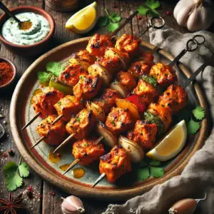 Tikka kipspitjes op rustieke houten tafel