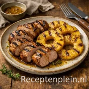 Varkenshaas barbecue met ananas op een rustieke houten tafel.