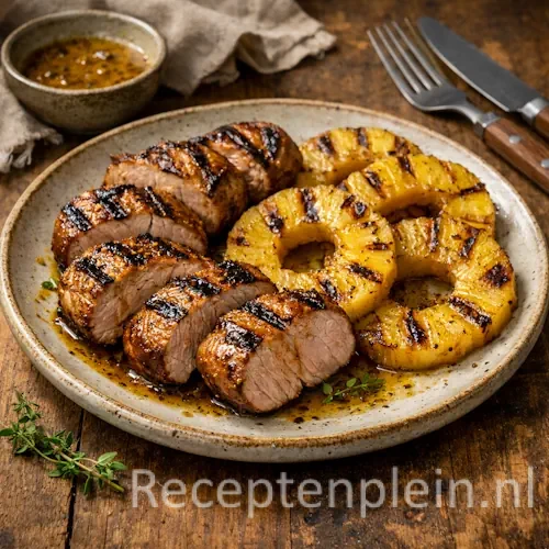 Varkenshaas barbecue met ananas op een rustieke houten tafel.