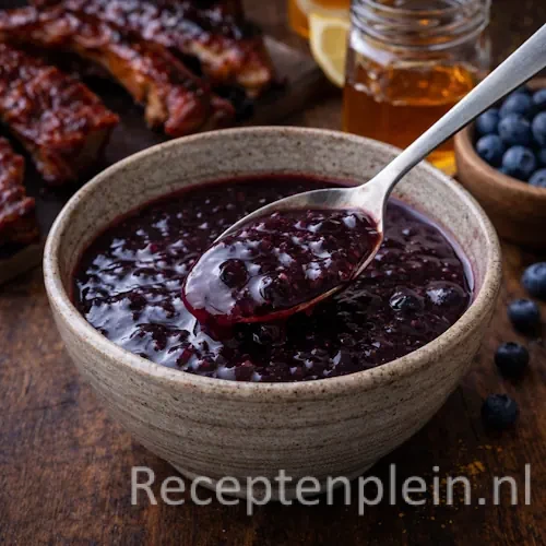 Zoet Pittige Spareribsaus met Bosbessen op een rustieke houten tafel.