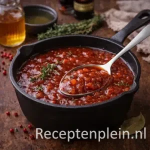 Zoetzure Barbecuesaus met Honing en Tijm op een rustieke houten tafel.