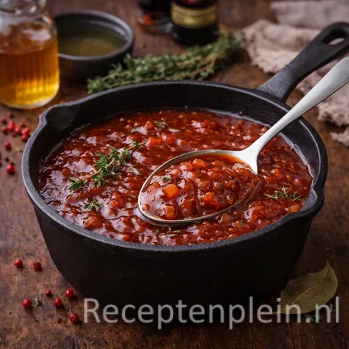 Zoetzure Barbecuesaus met Honing en Tijm op een rustieke houten tafel.
