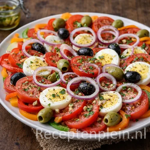 Zomerse tomatensalade met ei en olijven op een rustieke houten tafel.