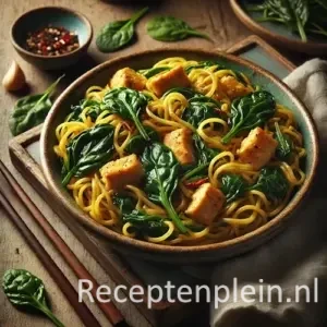 Natuurgetrouwe foodfoto van Ajam mie met spinazie in een licht versleten keramische kom op een rustieke houten tafel. Gele roergebakken noedels zijn gemengd met stukjes goudbruin gebakken kip en verse, geslonken spinazieblaadjes, met zichtbare knoflookplakjes en rode chilistukjes. Naast de kom liggen houten eetstokjes, een klein schaaltje met sojasaus en losse spinazieblaadjes op tafel. Gefotografeerd in warm natuurlijk zijlicht met zachte schaduwen en een realistische, huiselijke uitstraling.