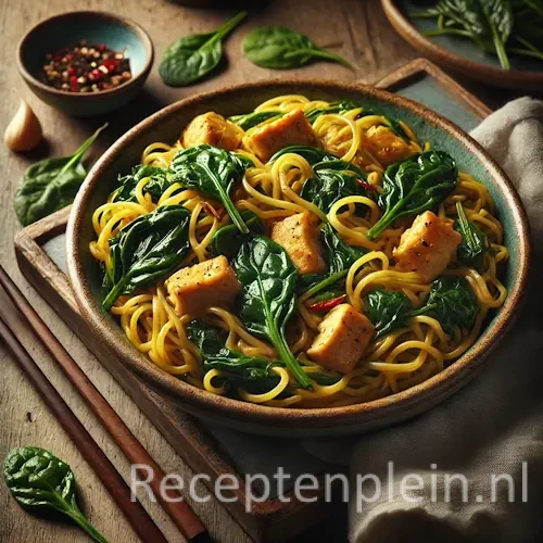 Natuurgetrouwe foodfoto van Ajam mie met spinazie in een licht versleten keramische kom op een rustieke houten tafel. Gele roergebakken noedels zijn gemengd met stukjes goudbruin gebakken kip en verse, geslonken spinazieblaadjes, met zichtbare knoflookplakjes en rode chilistukjes. Naast de kom liggen houten eetstokjes, een klein schaaltje met sojasaus en losse spinazieblaadjes op tafel. Gefotografeerd in warm natuurlijk zijlicht met zachte schaduwen en een realistische, huiselijke uitstraling.