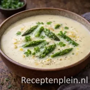 aspergeroomsoep op een rustieke houten tafel.