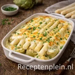 Asperges aux artichauts op rustieke houten tafel
