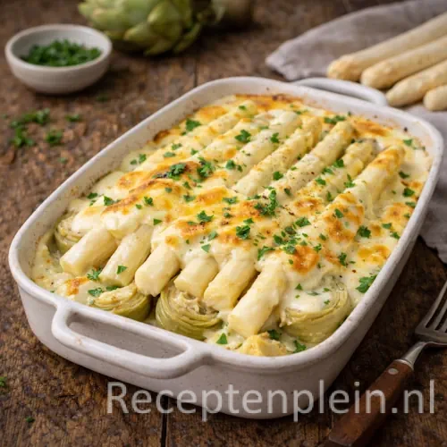 Asperges aux artichauts op rustieke houten tafel