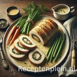 Natuurgetrouwe foodfoto van ballotine de poularde geserveerd op een ovale keramische schaal op een rustieke houten tafel. Dikke plakken gevulde kiprollade met een kruidige vulling van kruiden en paddenstoelen liggen in een lichte romige veloutésaus. Daarnaast liggen jonge worteltjes en groene boontjes, met een sauskommetje en bestek op een linnen servet. Gefotografeerd in zacht natuurlijk zijlicht met subtiele saussporen en een elegante, maar huiselijke Franse bistro-uitstraling.