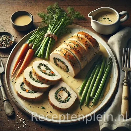 Natuurgetrouwe foodfoto van ballotine de poularde geserveerd op een ovale keramische schaal op een rustieke houten tafel. Dikke plakken gevulde kiprollade met een kruidige vulling van kruiden en paddenstoelen liggen in een lichte romige veloutésaus. Daarnaast liggen jonge worteltjes en groene boontjes, met een sauskommetje en bestek op een linnen servet. Gefotografeerd in zacht natuurlijk zijlicht met subtiele saussporen en een elegante, maar huiselijke Franse bistro-uitstraling.