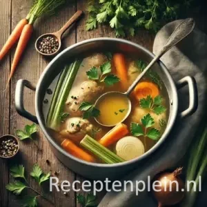 Natuurgetrouwe foodfoto van basisrecept kippenbouillon in een grote roestvrijstalen soeppan op een rustieke houten tafel. Heldere goudgele bouillon met kippenbotten, wortelschijfjes, bleekselderij, uienhelften en takjes peterselie is zichtbaar in de pan. Een soeplepel rust in de bouillon. Rondom liggen verse wortels, selderijstengels, uien, peperkorrels en een linnen keukendoek. Gefotografeerd in zacht natuurlijk daglicht met subtiele vetdruppels op het oppervlak en lichte bouillonspatten langs de rand voor een authentieke, huiselijke uitstraling.