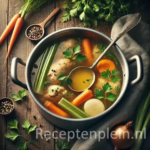 Natuurgetrouwe foodfoto van basisrecept kippenbouillon in een grote roestvrijstalen soeppan op een rustieke houten tafel. Heldere goudgele bouillon met kippenbotten, wortelschijfjes, bleekselderij, uienhelften en takjes peterselie is zichtbaar in de pan. Een soeplepel rust in de bouillon. Rondom liggen verse wortels, selderijstengels, uien, peperkorrels en een linnen keukendoek. Gefotografeerd in zacht natuurlijk daglicht met subtiele vetdruppels op het oppervlak en lichte bouillonspatten langs de rand voor een authentieke, huiselijke uitstraling.