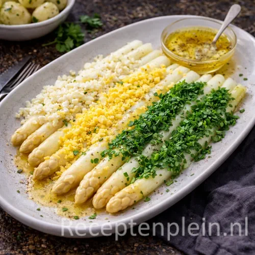 Belgische asperges met foelieboter op een rustieke houten tafel.